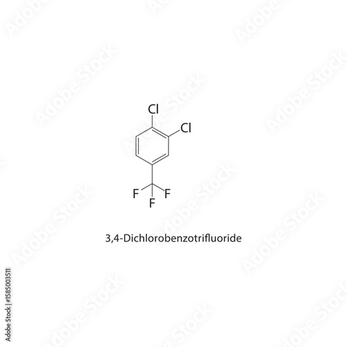 3,4-Dichlorobenzotrifluoride skeletal structure. halogen benzene compound schematic illustration. Simple diagram, chemical formula.