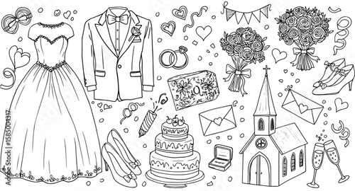 Outline Art of Wedding Essentials: Bridal Gown, Groom's Suit, Rings, Cake, Church