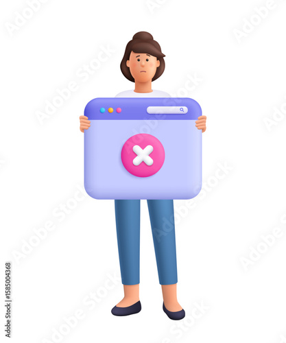 Sad woman Jane holding a large web browser window with an error symbol. Website error, failure concept. 3d vector people character. Cartoon minimal style.