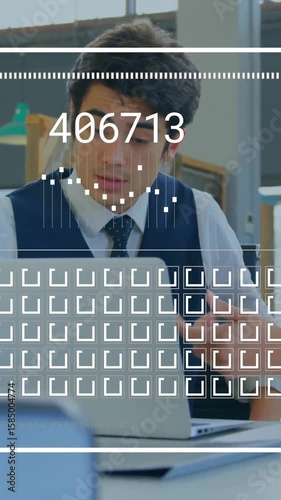 In school, animation overlaying digital numbers and graphs, professionals discussing data