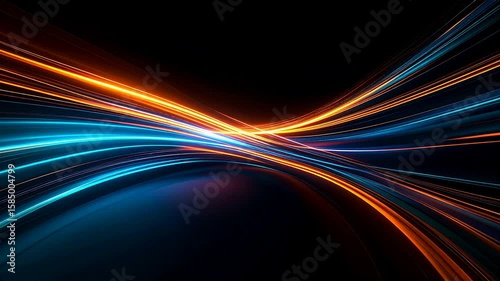 Abstract of dynamic streaks of orange and blue light curve and intersect on a dark background
