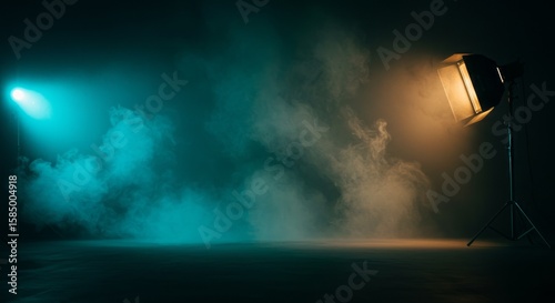 Dramatic studio lighting with teal and orange haze and smoke effects