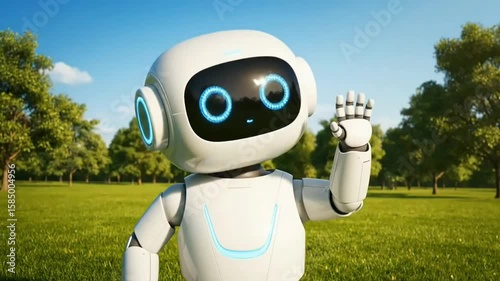 Friendly futuristic robot presents a hello message standing in a bright green park with scenic trees and a clear blue sky for a technology theme.