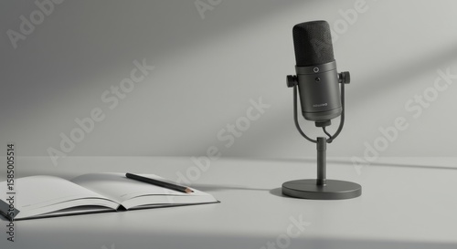 Modern podcast setup featuring a sleek microphone and open notebook