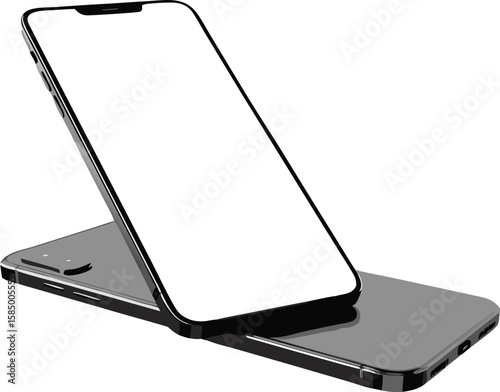Two smartphones one upright with a blank screen and one laying flat in a grayscale image style