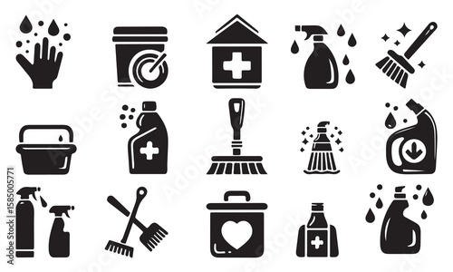  Set of cleaning icons good for logo, symbol, silhouette vector art illustration 