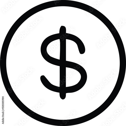 Simple black and white graphic of a dollar sign inside a circle representing currency and financial concepts