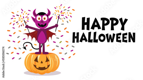 A purple devil with wings standing on a pumpkin with happy halloween text on the right side