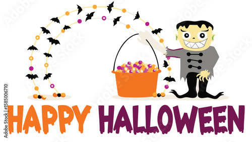 A cartoon frankenstein with a bucket of candy and a string of bats for happy halloween fun