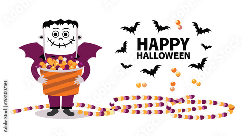 Cartoon monster holding a bucket of candy with happy halloween text and bats decoration around it