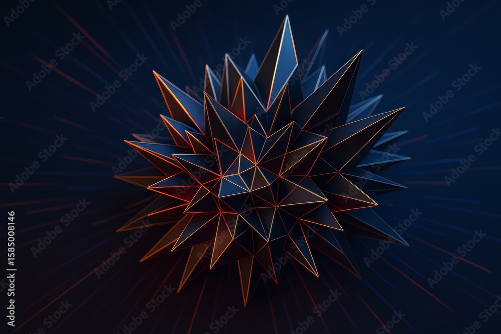 Fototapeta premium Abstract spiked geometric sphere with glowing orange edges on dark blue background, futuristic digital shape radiating light effects.