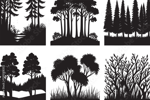 A Diverse Array of Forest Silhouettes, Featuring a Variety of Tree Types and Foliage, Black and White Tree Silhouette Background, A Collection of Forest Tree Silhouettes