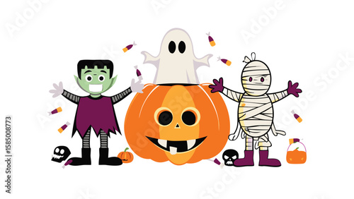 Halloween scene with frankenstein mummy ghost and pumpkin surrounded by candy and small pumpkins
