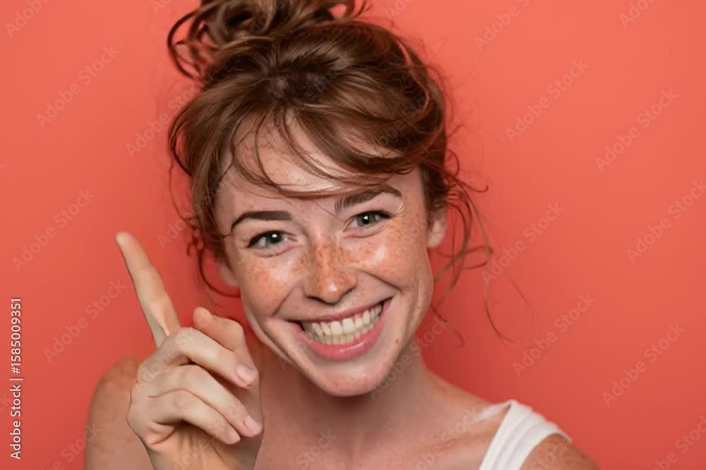 A candid shot of a red-haired woman smiling widely, full of lightness and warmth. The coral backdrop adds to the vibrant and friendly mood.

