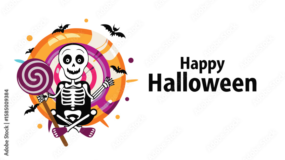 Fototapeta premium Cartoon skeleton with lollipop and bats in front of a candy swirl wishing happy halloween to you all