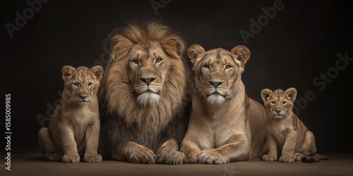 A regal lion family portrait with two cubs against a dark background pose