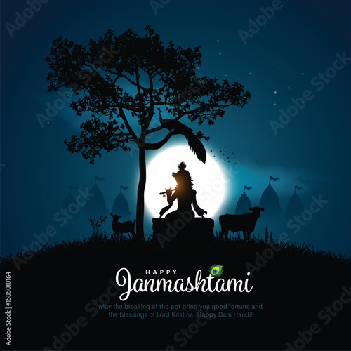 Indian dahi handi festival of Happy Janmashtami with lord Krishna silhouette. Creative Vector Illustration design