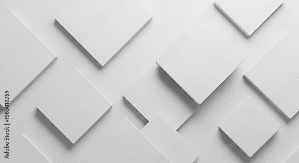 Obraz premium Abstract composition featuring scattered, three-dimensional, white square shapes on a light background.