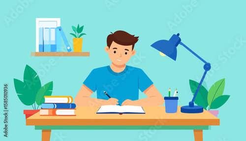 A young man sits at a desk, writing in a notebook under the light of a blue desk lamp. Books, plants, and stationery are arranged on the desk and shelf.