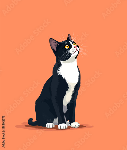 Black cat with a red heart, a cute domestic feline portrait, illustration of cat and mouse