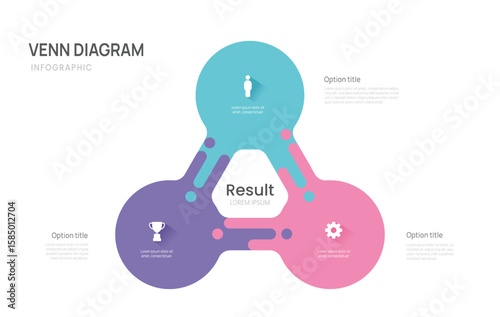 Venn diagram business infographic circle chart template 3 steps link, presentation with venn diagram elements vector illustration.