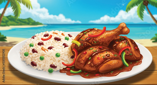 Crab walking on a tropical beach near the ocean with food elements in the background