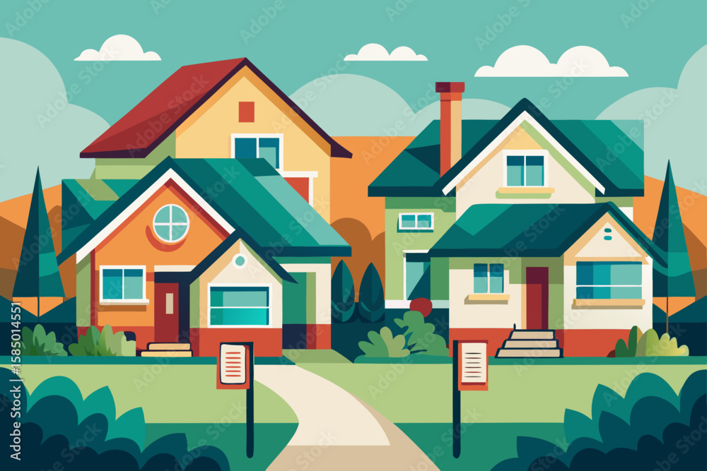 Fototapeta premium Residential village landscape with charming cottage architecture and summer sky