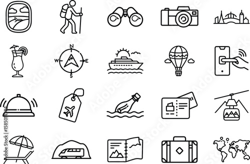 A collection of line art icons representing various aspects of travel and vacation, including transportation, accommodation, activities, and essential travel items. Perfect for use in travel-related w