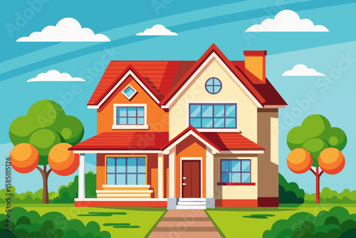 A vibrant cartoon illustration of a residential village with cottage homes, trees, and a