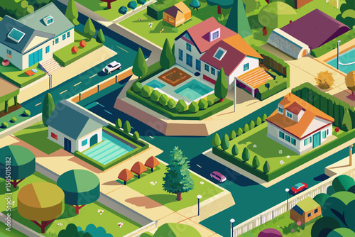 An isometric vector illustration depicts a cartoon city plan with various residential houses, office buildings, and street designs, creating a comprehensive urban estate map set