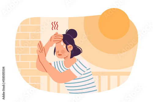 Woman experiencing heat exhaustion and fatigue in hot weather, leaning on wall illustration. Flat design, cartoon style, vector isolated on white background