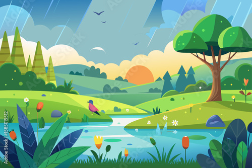 A vibrant summer landscape illustration of a lake, forest, and rolling hills under a blue sky with green meadows and distant mountains