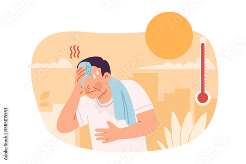 Elderly man wiping sweat from face, suffering from heatwave outdoors illustration concept. Flat design, cartoon style, vector isolated on white background