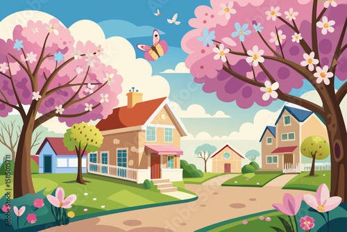 spring landscape with house