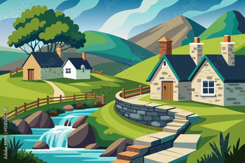 Mountain village landscape with houses, trees, and sky