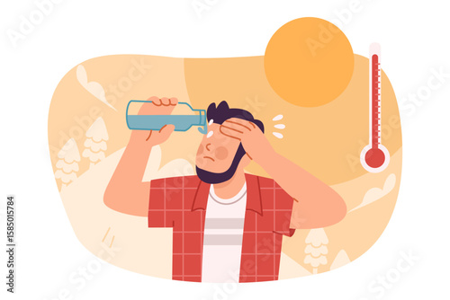 Man pouring bottle of water on his face to cool down in extreme heat, male struggling hot weather illustration. Flat design, cartoon style, vector isolated on white background