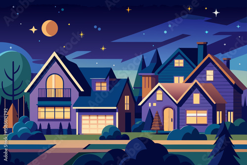 Moonlit winter night in a cartoon city with festive Christmas lights illuminating houses and streets