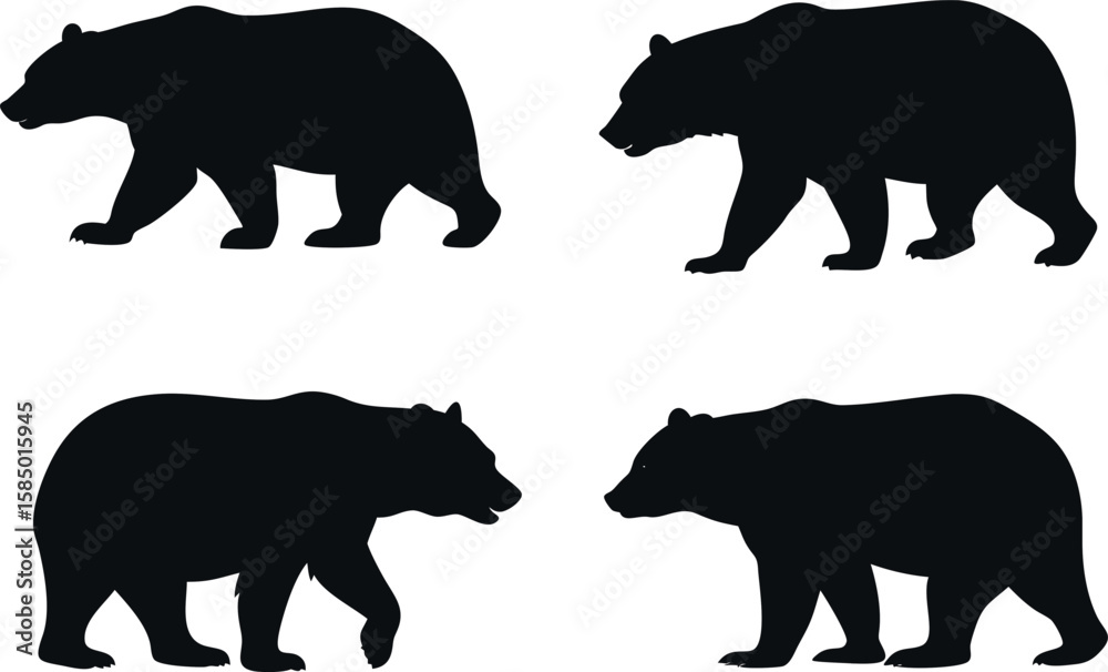 Fototapeta premium Black walking bear silhouette icon vector set, ideal collection for wilderness, zoo, or hiking concepts.