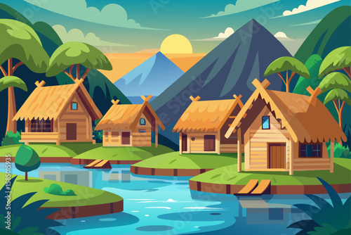 Country cottage illustrations nestled within diverse landscapes, from tranquil forests and majestic mountains to serene riverbanks, under a sky with clouds and sun