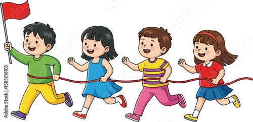 Children running outdoors holding rope, teamwork in action, vibrant kids play, group exercise, fun activity, summer field, colorful outfits