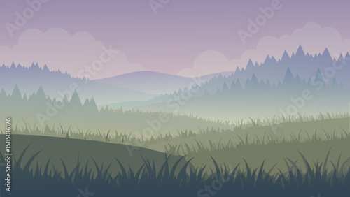 Misty mountain landscape at dawn with a serene view of the valley and sun-kissed clouds