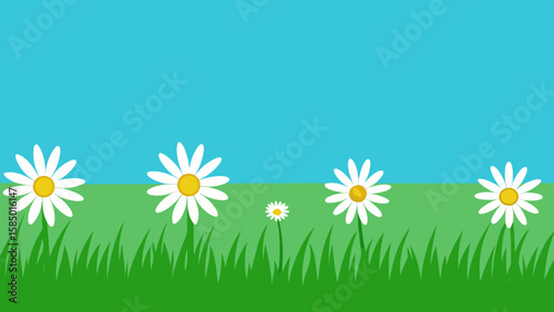A vibrant illustration of cheerful daisies blooming in a sun-drenched green meadow under a clear sky, capturing the essence of spring and summer nature