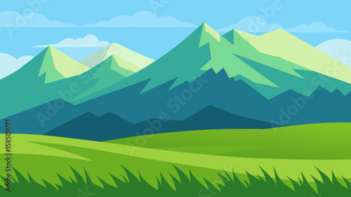 Vast summer mountain landscape with green hills under a blue sky and white clouds, perfect for hiking and travel
