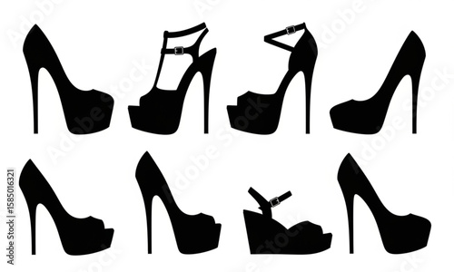 High Heel Shoe Silhouettes - Collection of Woman’s Footwear | Fashion Style Design Elements for Clothing, Branding, and Retail