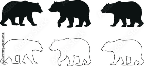 Bear silhouette and outline icon vector set in walking style, minimalist wildlife illustration for logos or signs.