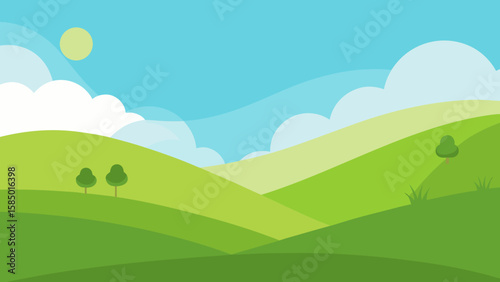 A vibrant summer mountain landscape with green meadows under a clear blue sky, illustrating the serene beauty of nature