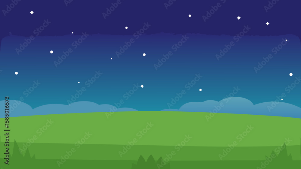 Fototapeta premium Night sky with stars, moon, and a vast landscape featuring trees and grass