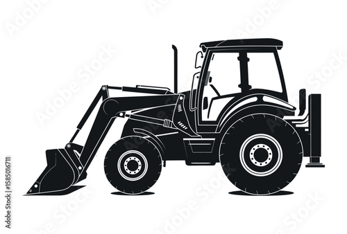 Black tractor with loader and bucket construction vehicle