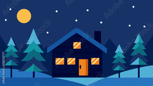 Christmas winter night landscape with a snow-covered house, trees, and stars, a perfect holiday season illustration