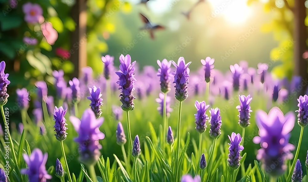 Naklejka premium Bokeh Bliss Lavender Flowers Blooming Gracefully Under Golden Sunlight Radiant Lavender Blooms in the Sun A Peaceful Garden Moment in Bokeh Lavender Dreams Soft Petals and Sunlight Unite in a Peaceful
